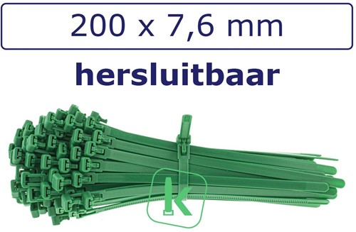 Tyraps, kabelbinders Hersluitbaar 200 x 7,6 mm Groen (Zak 100 stuks)