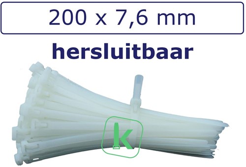 Tyraps, kabelbinders Hersluitbaar 200 x 7,6 mm Wit naturel (Zak 100 stuks)