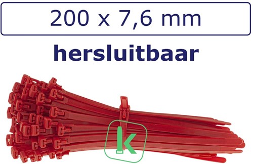 Tyraps, kabelbinders Hersluitbaar 200 x 7,6 mm Rood (Zak 100 stuks)