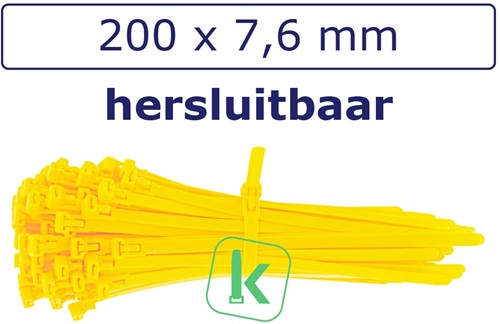 Tyraps, kabelbinders Hersluitbaar 200 x 7,6 mm Geel (Zak 100 stuks)