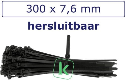 Tyraps, kabelbinders Hersluitbaar 300 x 7,6 mm Zwart UV bestendig (Zak 100 stuks)