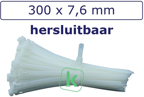 Tyraps, kabelbinders Hersluitbaar 300 x 7,6 mm Wit naturel (Zak 100 stuks)