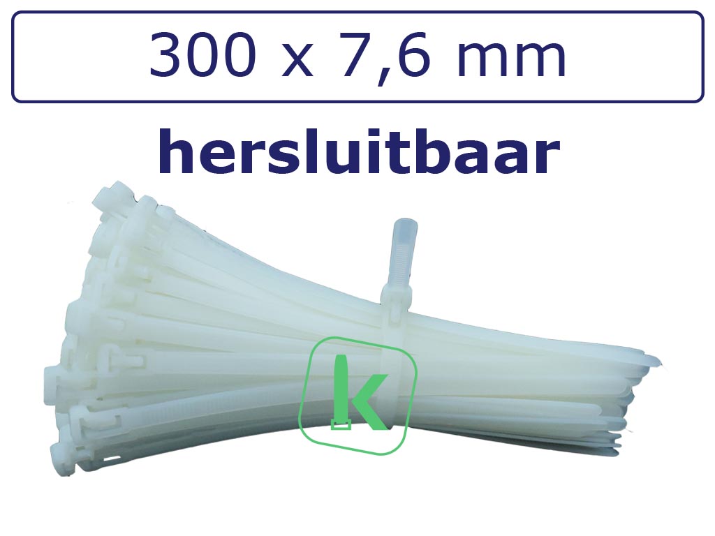 Tyraps, kabelbinders Wit Hersluitbaar 300 x 7,6 mm Wit naturel (Zak 100 stuks) (tiewrap/tyrap/tie-wrap/bundelbandje/colsonbandje/Wit)