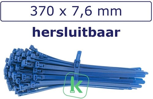 Tyraps, kabelbinders Hersluitbaar 370 x 7,6 mm Blauw (Zak 100 stuks)