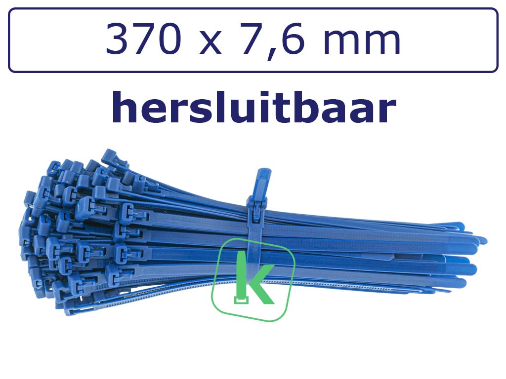Tyraps, kabelbinders Blauw Hersluitbaar 370 x 7,6 mm Blauw (Zak 100 stuks) (tiewrap/tyrap/tie-wrap/bundelbandje/colsonbandje/Blauw)