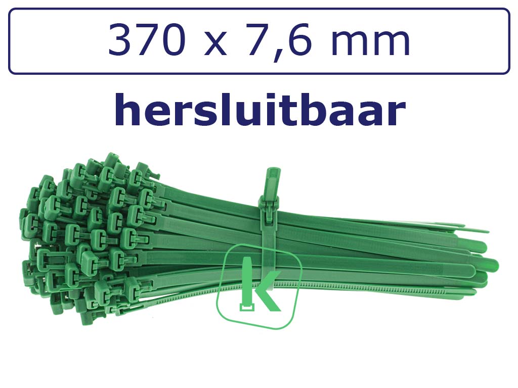 Tyraps, kabelbinders Groen Hersluitbaar 370 x 7,6 mm Groen (Zak 100 stuks) (tiewrap/tyrap/tie-wrap/bundelbandje/colsonbandje/Groen)