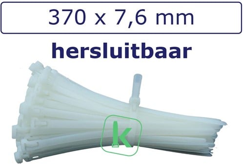 Tyraps, kabelbinders Hersluitbaar 370 x 7,6 mm Wit naturel (Zak 100 stuks)