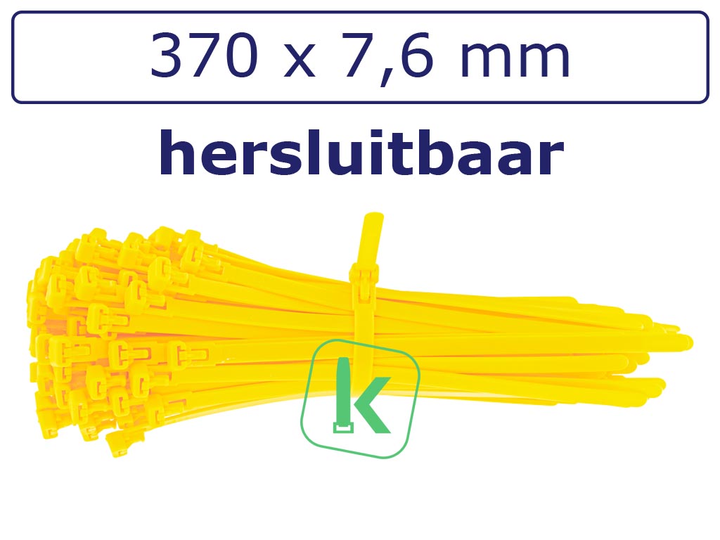 Tyraps, kabelbinders Geel Hersluitbaar 370 x 7,6 mm Geel (Zak 100 stuks) (tiewrap/tyrap/tie-wrap/bundelbandje/colsonbandje/Geel)