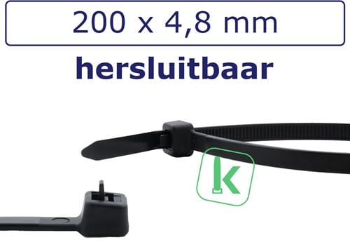 Tyraps, kabelbinders Herbruikbaar 200 x 4,8 mm Zwart UV bestendig (Zak 100 stuks)