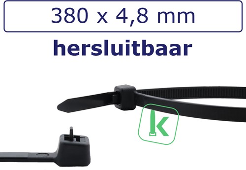 Tyraps, kabelbinders Herbruikbaar 380 x 4,8 mm Zwart UV bestendig (Zak 100 stuks)