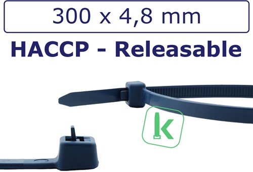 Tyraps, kabelbinders Herbruikbaar - Detecteerbaar (HACCP)  300 x 4,8 mm blauw (Zak 100 stuks)