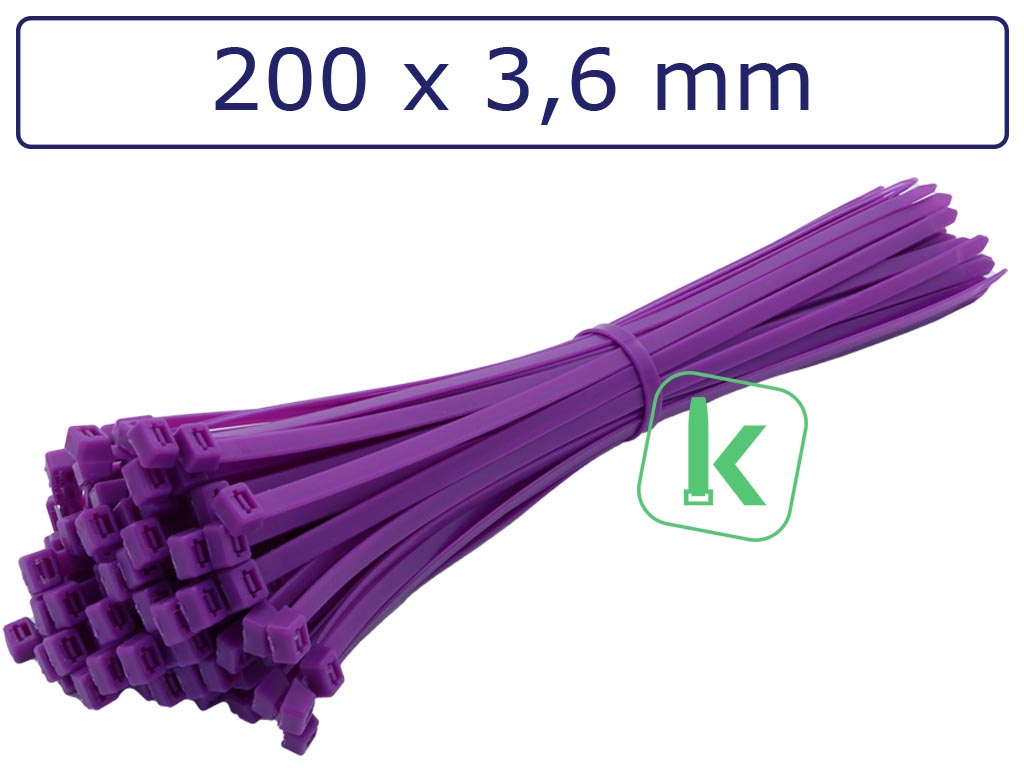 Tyraps, kabelbinders Paars 200 x 3,6 mm Paars (Zak 100 stuks) (tiewrap/tyrap/tie-wrap/bundelbandje/colsonbandje/Paars)