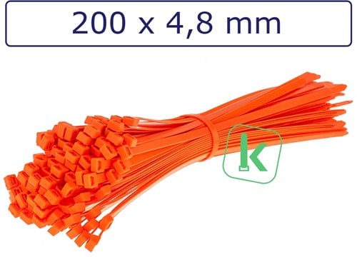 Tyraps, kabelbinders 200 x 4,8 mm Neon Oranje (Zak 100 stuks)