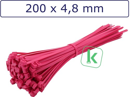 Tyraps, kabelbinders 200 x 4,8 mm Roze (Zak 100 stuks)