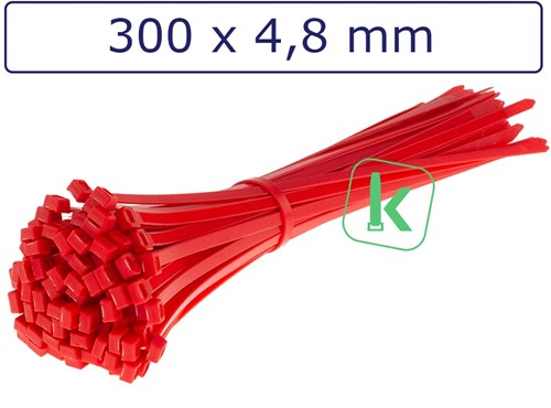 Tyraps, kabelbinders 300 x 4,8 mm Rood (Zak 100 stuks)  | Kabelbinders.nl (Zak 100 stuks)