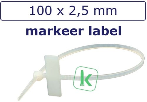 Tyraps, kabelbinders met Markeer Label 100 x 2,5 mm Wit naturel (Zak 100 stuks)