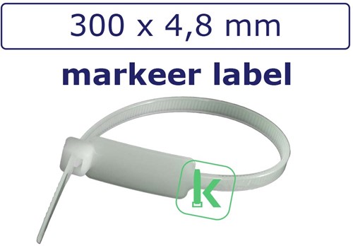 Tyraps, kabelbinders met Markeer Label 300 x 4,8 mm Wit naturel (Zak 100 stuks)
