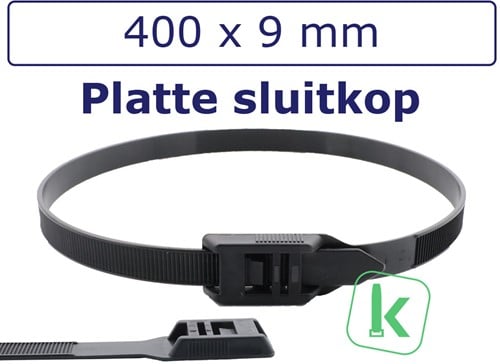 Tyraps, kabelbinders met laag profiel, Flat head / in Line ties 400 x 9,0 mm Zwart UV-Bestendig (Zak 100 stuks)