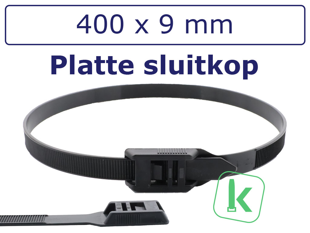 Tyraps, kabelbinders Zwart met laag profiel, Flat head / in Line ties 400 x 9,0 mm Zwart UV-Bestendig (Zak 100 stuks)