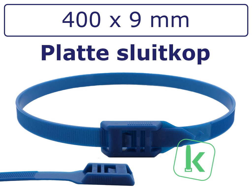 Tyraps, kabelbinders Blauw met laag profiel, Flat head / in Line ties 400 x 9,0 mm Blauw (Zak 100 stuks)