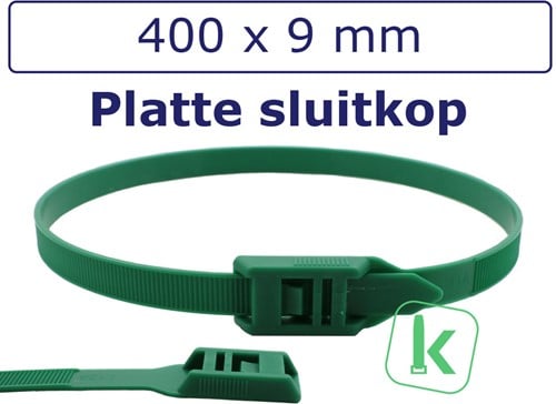 Tyraps, kabelbinders met laag profiel, Flat head / in Line ties 400 x 9,0 mm Groen (Zak 100 stuks)