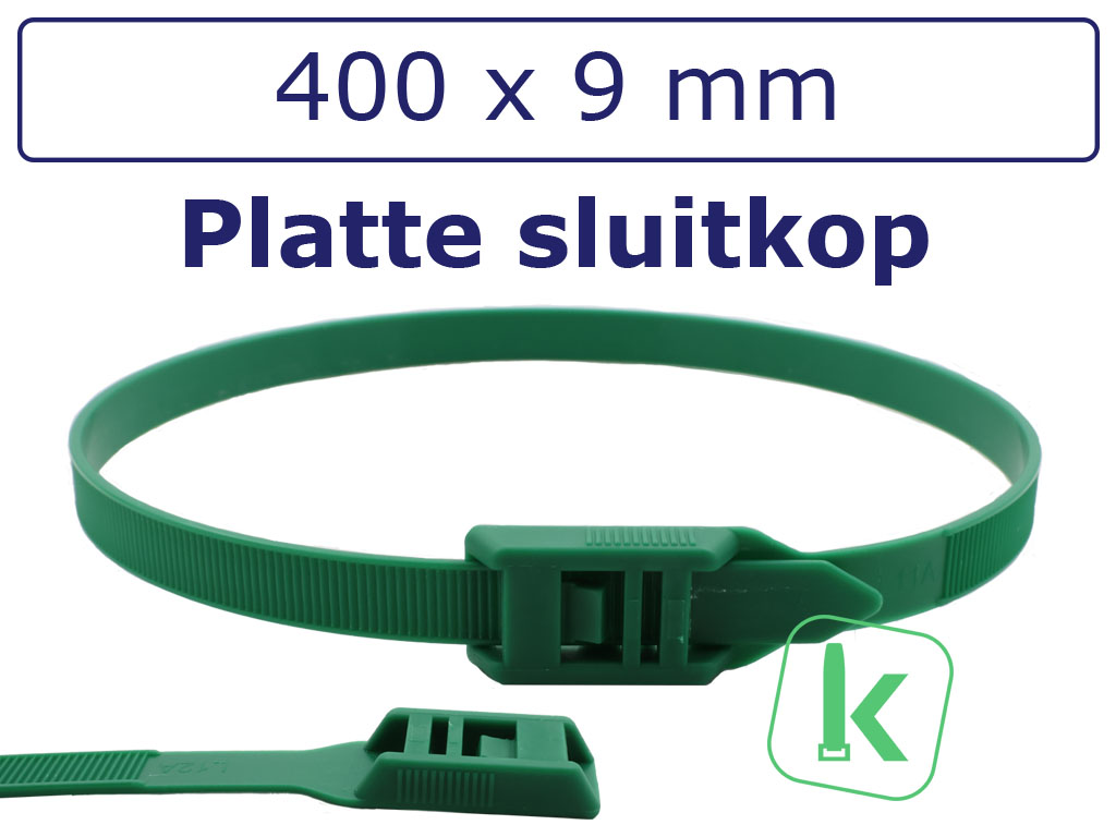 Tyraps, kabelbinders Groen met laag profiel, Flat head / in Line ties 400 x 9,0 mm Groen (Zak 100 stuks)