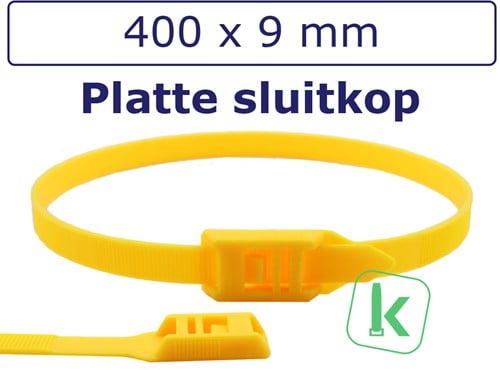 Tyraps, kabelbinders met laag profiel, Flat head / in Line ties 400 x 9,0 mm Geel (Zak 100 stuks)