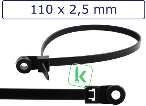 Tyraps, kabelbinders met Bevestigingsoog, schroefoog 110 x 2,5 mm Zwart UV bestendig (Zak 100 stuks)