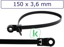 Tyraps, kabelbinders met Bevestigingsoog, schroefoog 150 x 3,6 mm Zwart UV bestendig (Zak 100 stuks)
