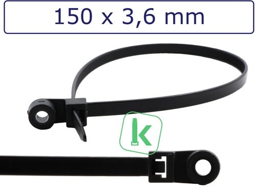 Tyraps, kabelbinders met Bevestigingsoog, schroefoog 150 x 3,6 mm Zwart UV bestendig (Zak 100 stuks)