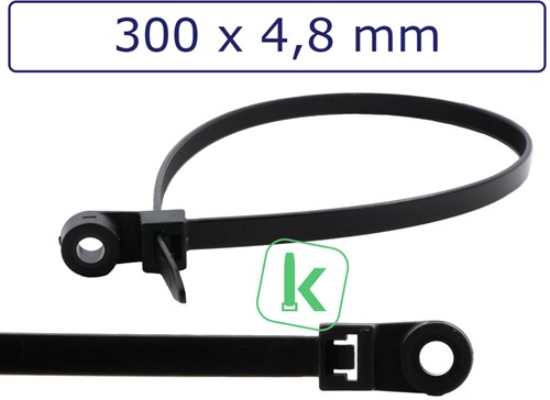 Tyraps, kabelbinders met Bevestigingsoog, schroefoog 300 x 4,8 mm Zwart UV bestendig (Zak 100 stuks)
