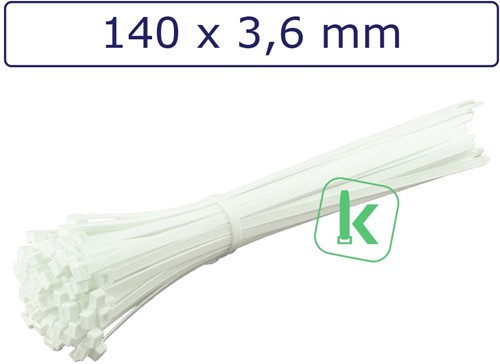 Tyraps, kabelbinders Polypropyleen PP 140 x 3,6 mm Wit (Zak 100 stuks)