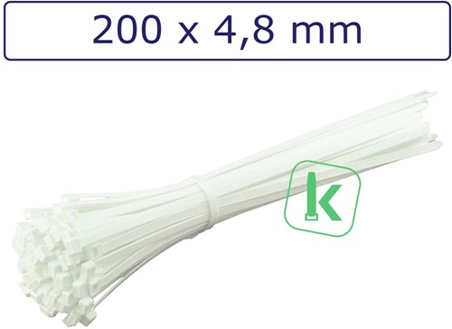 Tyraps, kabelbinders Polypropyleen PP 200 x 4,8 mm Wit (Zak 100 stuks)