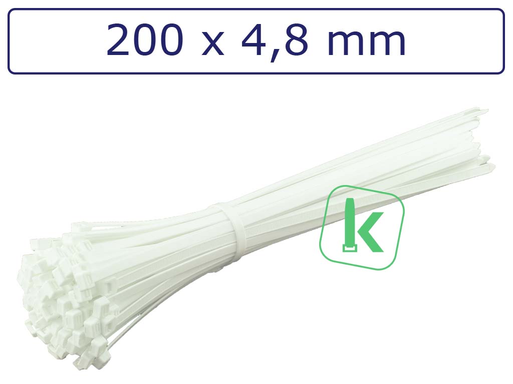 Tyraps, kabelbinders Wit Polypropyleen PP 200 x 4,8 mm Wit (Zak 100 stuks) (tiewrap/tyrap/tie-wrap/bundelbandje/colsonbandje/Wit)