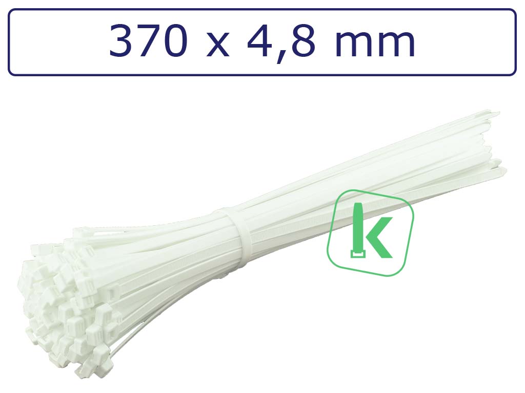 Tyraps, kabelbinders Wit Polypropyleen PP 370 x 4,8 mm Wit (Zak 100 stuks) (tiewrap/tyrap/tie-wrap/bundelbandje/colsonbandje/Wit)