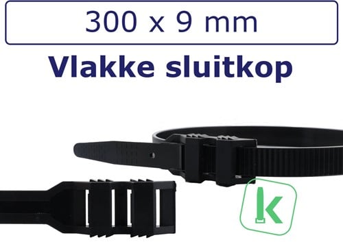 Tyraps, kabelbinders met dubbele platte sluitkop en buitenvertanding (Extra Sterk) 300 x 9,0 mm Zwart UV-Bestendig (Zak 100 stuks)