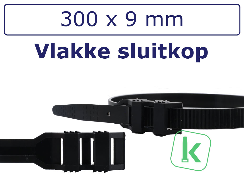 Tyraps, kabelbinders Zwart met dubbele platte sluitkop en buitenvertanding (Extra Sterk) 300 x 9,0 mm Zwart UV-Bestendig (Zak 100 stuks)