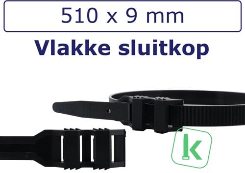 Tyraps, kabelbinders met dubbele platte sluitkop en buitenvertanding (Extra Sterk) 510 x 9,0 mm Zwart UV-Bestendig (Zak 100 stuks)