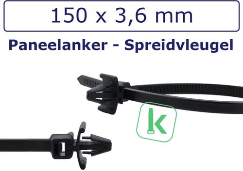 Tyraps, kabelbinders met paneelanker / spreidvleugel (Wing Push-Mount) 150 x 3,6 mm Zwart UV-Bestendig (Zak 100 stuks)