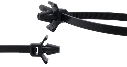 Tyraps, kabelbinders met paneelanker / spreidvleugel (Wing Push-Mount) 200 x 4,8 mm Zwart UV-Bestendig (Zak 100 stuks)-2