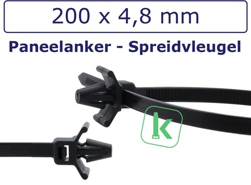 Tyraps, kabelbinders met paneelanker / spreidvleugel (Wing Push-Mount) 200 x 4,8 mm Zwart UV-Bestendig (Zak 100 stuks)