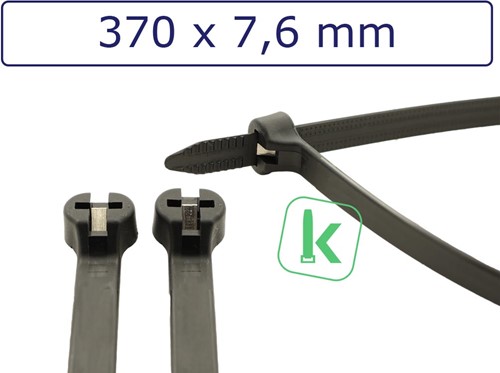 PRO-TIE® Premium Tyraps, kabelbinders met stalen RVS 316 sluiting 370 x 7,6 mm Zwart UV bestendig (Zak 100 stuks)