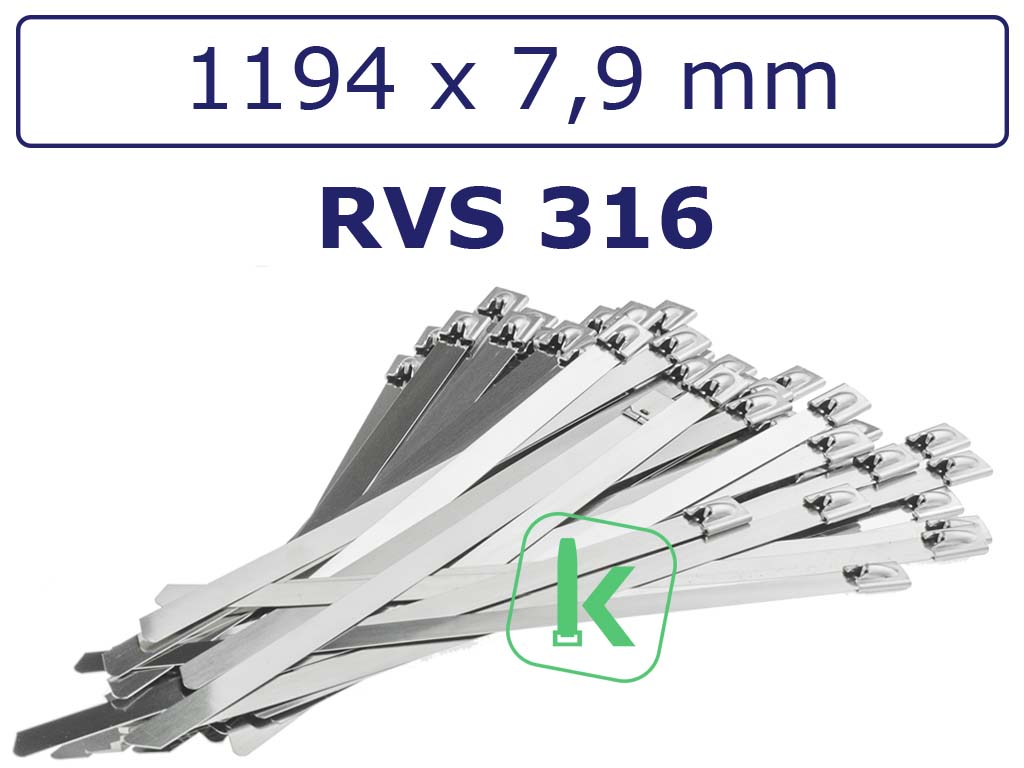 Tyraps, kabelbinders RVS 316 staal 1194 x 7,9 mm (Zak 100 stuks) (tiewrap/tyrap/tie-wrap/bundelbandje/colsonbandje/)