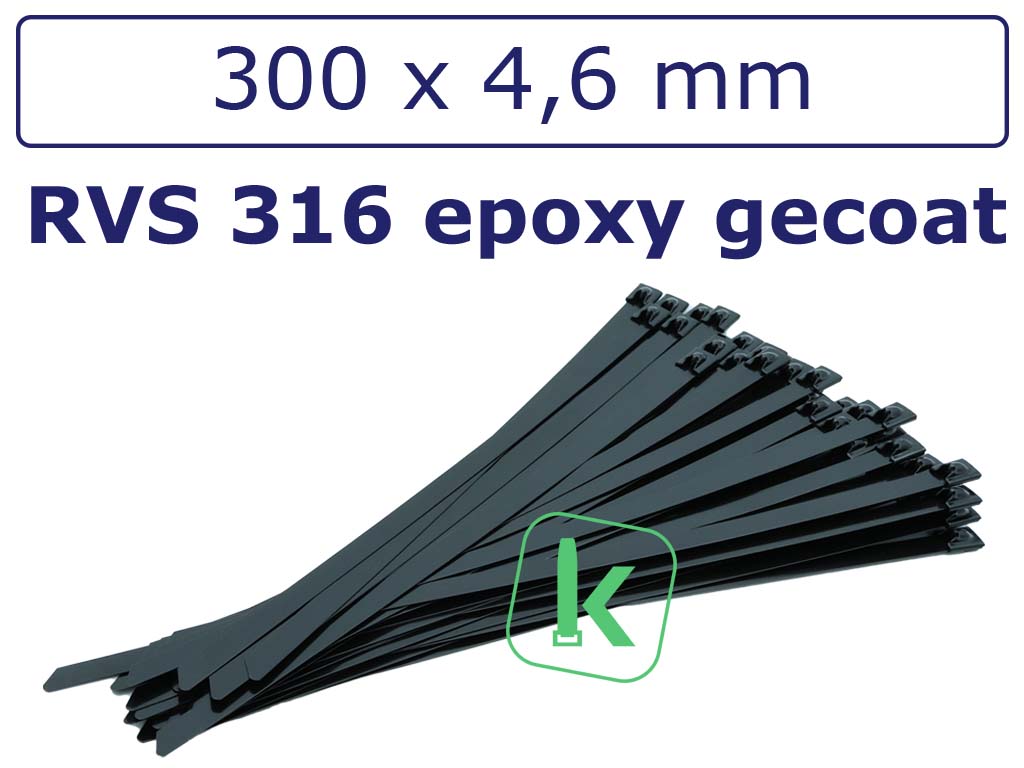 Tyraps, kabelbinders Zwart RVS 316 staal - 300 x 4,6 mm epoxy gecoat Zwart (Zak 100 stuks) (tiewrap/tyrap/tie-wrap/bundelbandje/colsonbandje/Zwart)