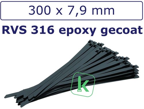 Tyraps, kabelbinders RVS 316 staal - 300 x 7,9 mm epoxy gecoat Zwart (Zak 100 stuks)