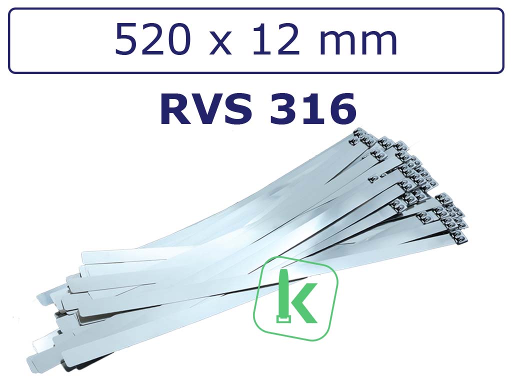 Tyraps, kabelbinders RVS 316 staal - 520 x 12 mm (Zak 100 stuks) (tiewrap/tyrap/tie-wrap/bundelbandje/colsonbandje/)