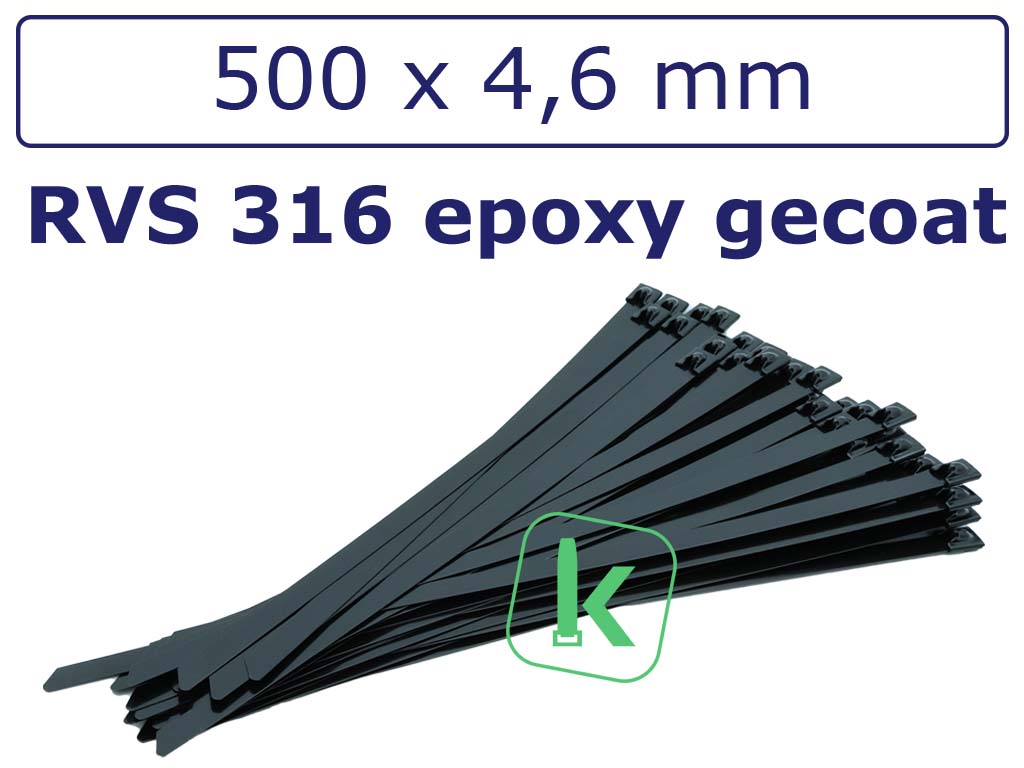Tyraps, kabelbinders Zwart RVS 316 staal - 500 x 4,6 mm epoxy gecoat Zwart (Zak 100 stuks) (tiewrap/tyrap/tie-wrap/bundelbandje/colsonbandje/Zwart)