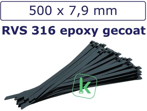 Tyraps, kabelbinders RVS 316 staal - 500 x 7,9 mm epoxy gecoat Zwart (Zak 100 stuks)