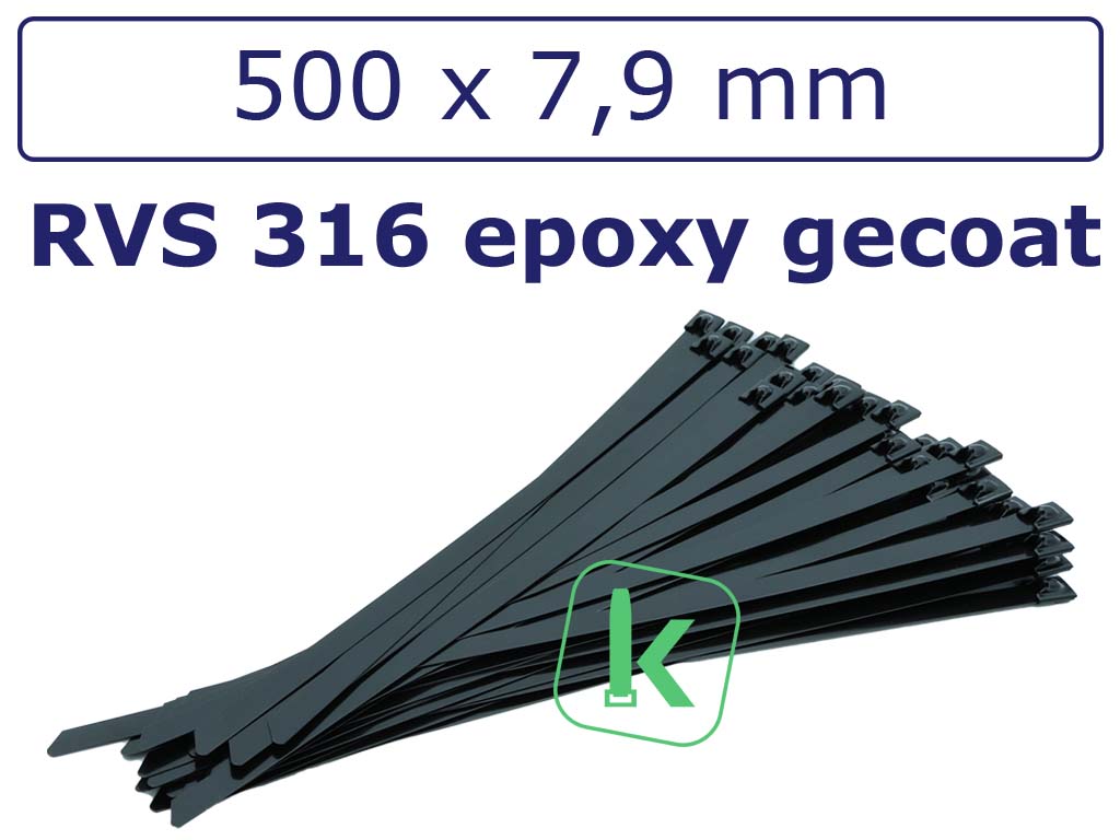 Tyraps, kabelbinders Zwart RVS 316 staal - 500 x 7,9 mm epoxy gecoat Zwart (Zak 100 stuks) (tiewrap/tyrap/tie-wrap/bundelbandje/colsonbandje/Zwart)