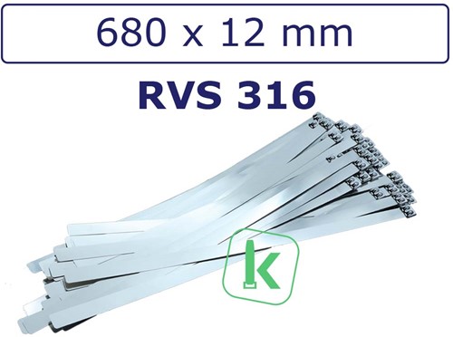 Tyraps, kabelbinders RVS 316 staal - 680 x 12 mm (Zak 100 stuks)